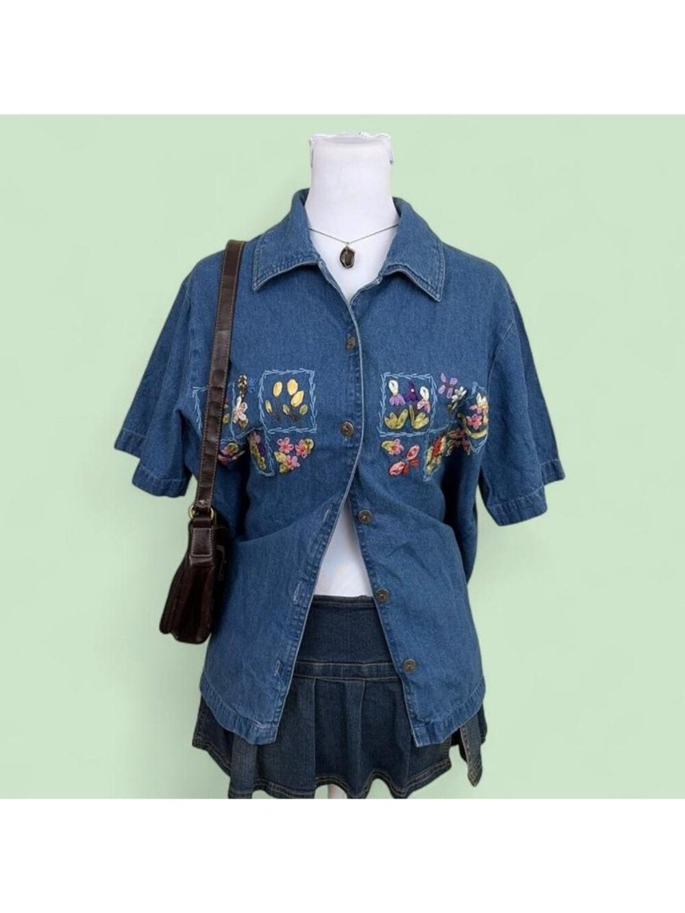 90s denim floral cottagecore button up shirt